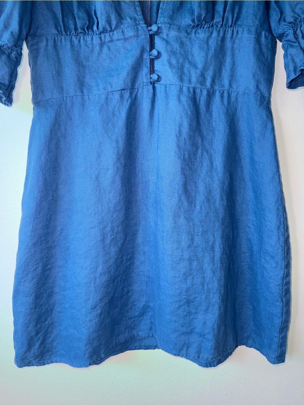 Reformation Simi Linen Mini Dress Blue Puff Sleeve V-Neck Size 12 - Picture 4 of 13